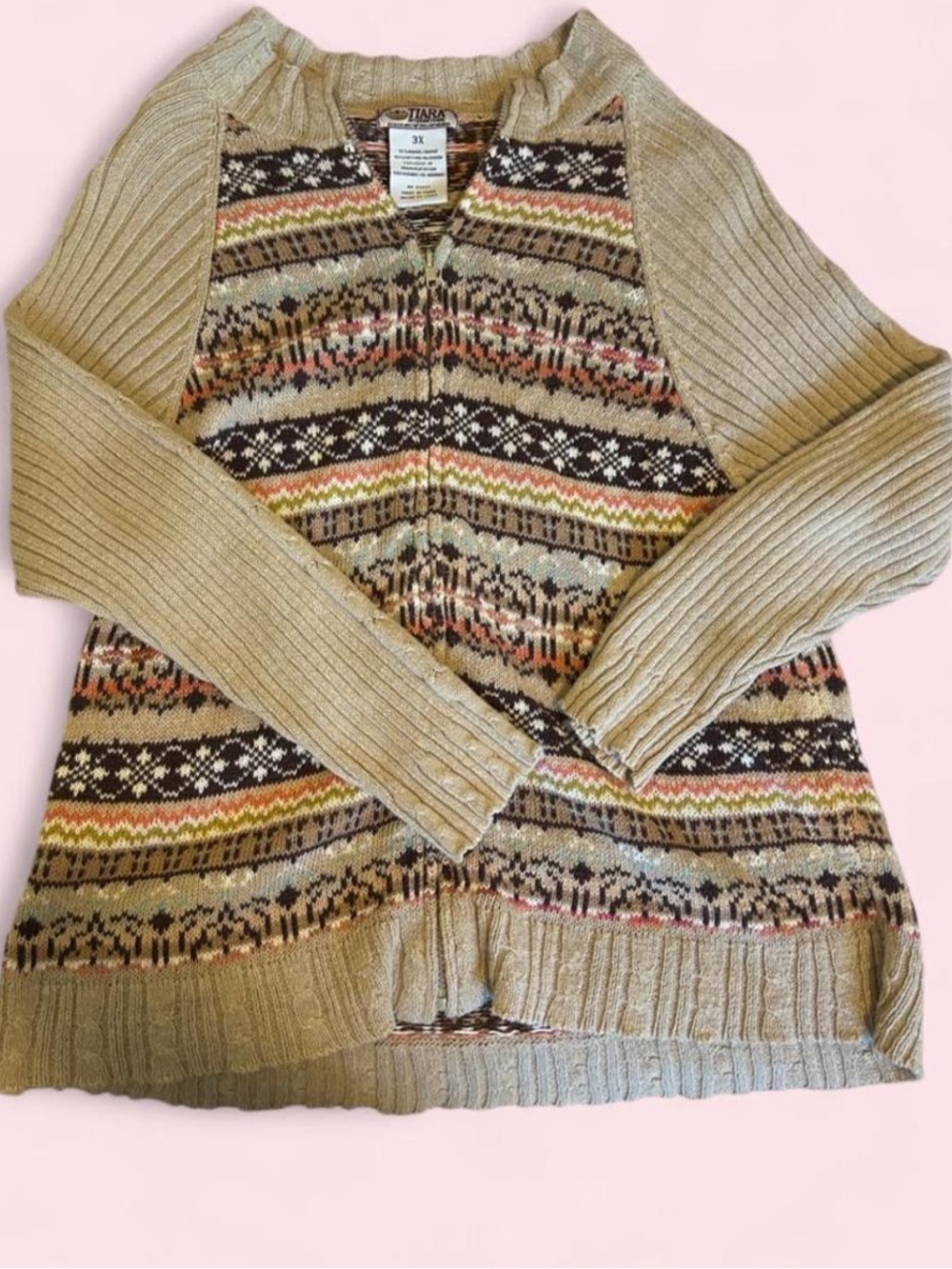 Tiara Beige Fair Isle Zip Cardigan with Multicolor Accents